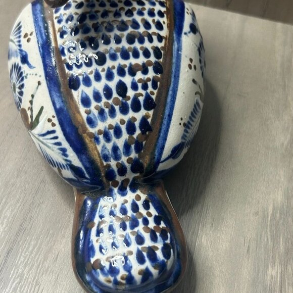 Vintage J Santana Tonala Mexico Ceramic Toucan Hand-Painted Floral Blue Brown - Picture 8 of 8